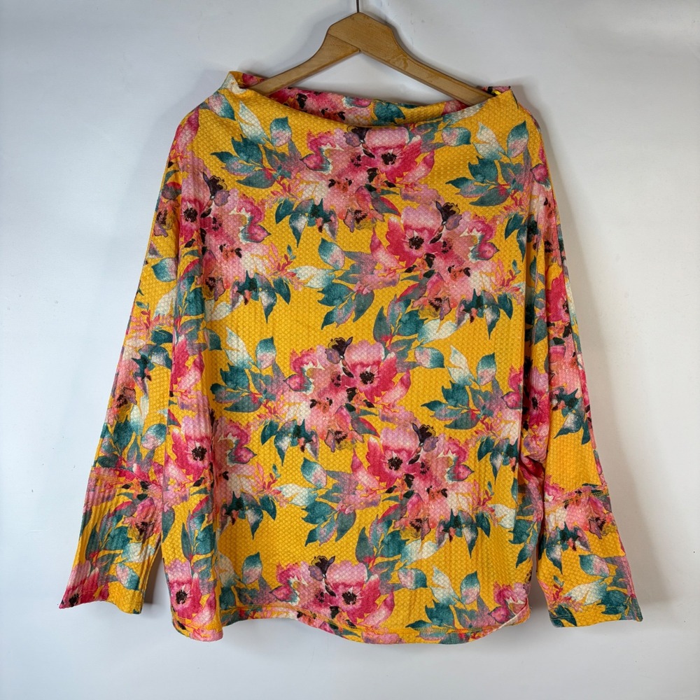 Umgee Floral Waffle Knit Top Women 2XL Yellow Dolman Sleeve Boat Neck